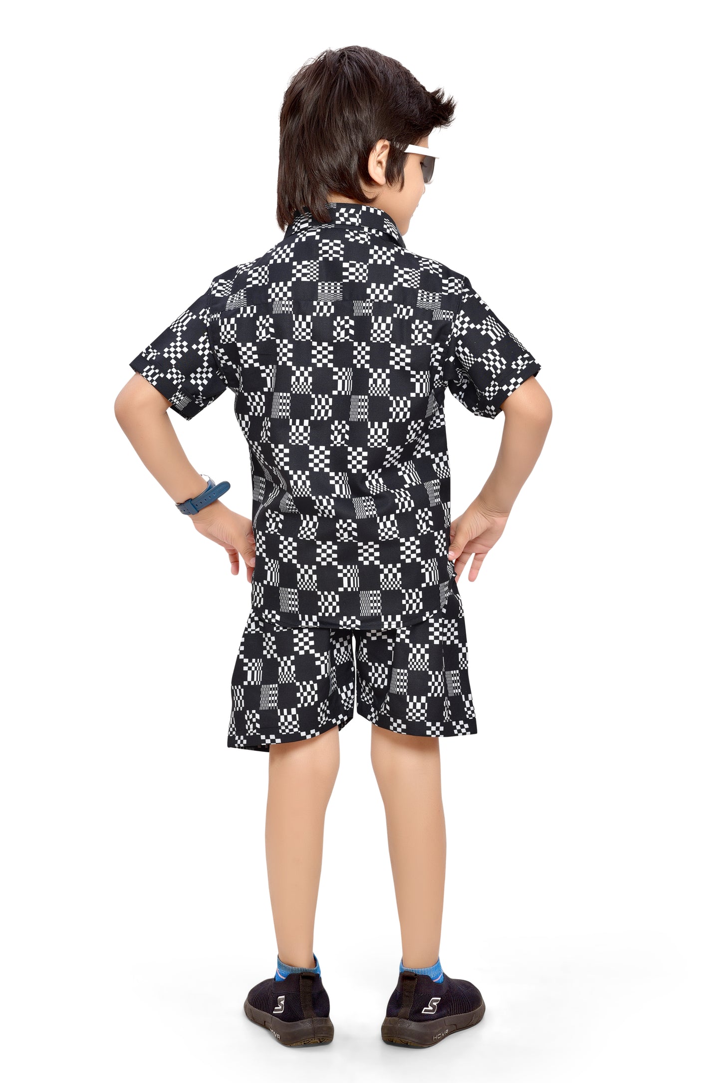 Black and White Abstract Checks Printed Cotton Shorts Boys Co-Ord Set - Back