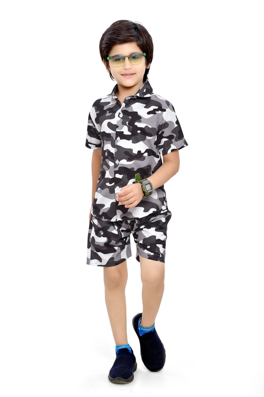 Black and White Camouflage Printed Boys Cotton Co-Ord Set - Club96