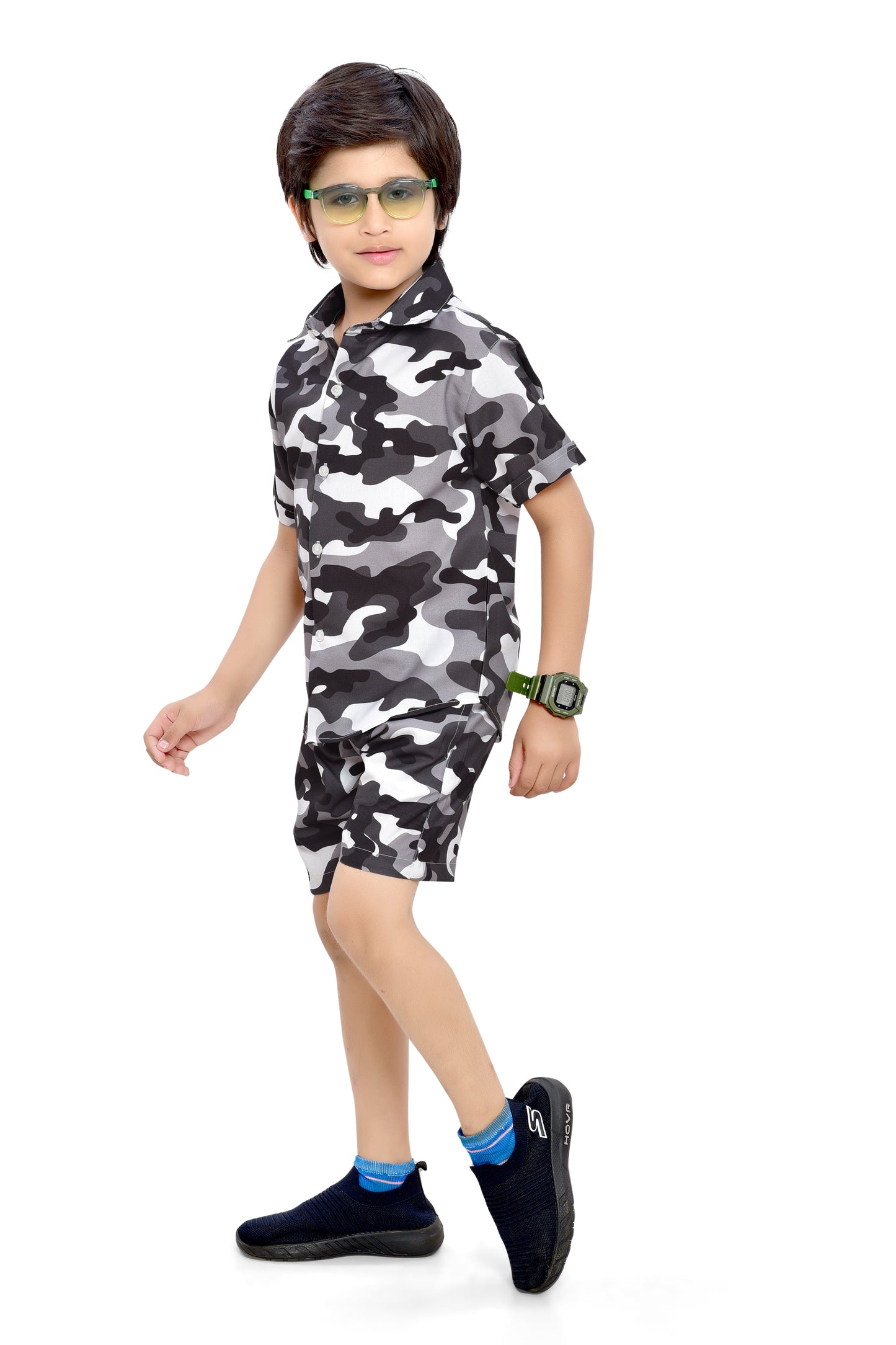 Black and White Camouflage Printed Boys Cotton Co-Ord Set - Front