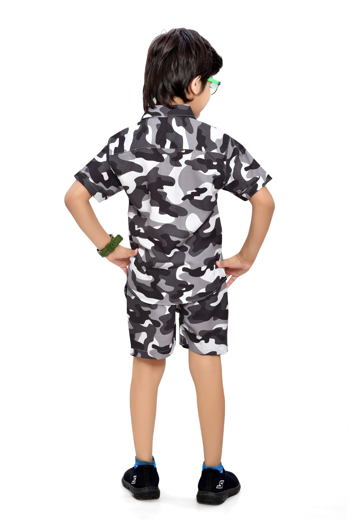 Black and White Camouflage Printed Boys Cotton Co-Ord Set - Back