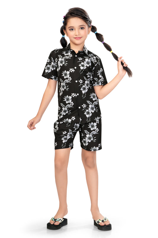 Black-and-White-Floral-Printed-Girls-Co-Ord-Set-FrontView