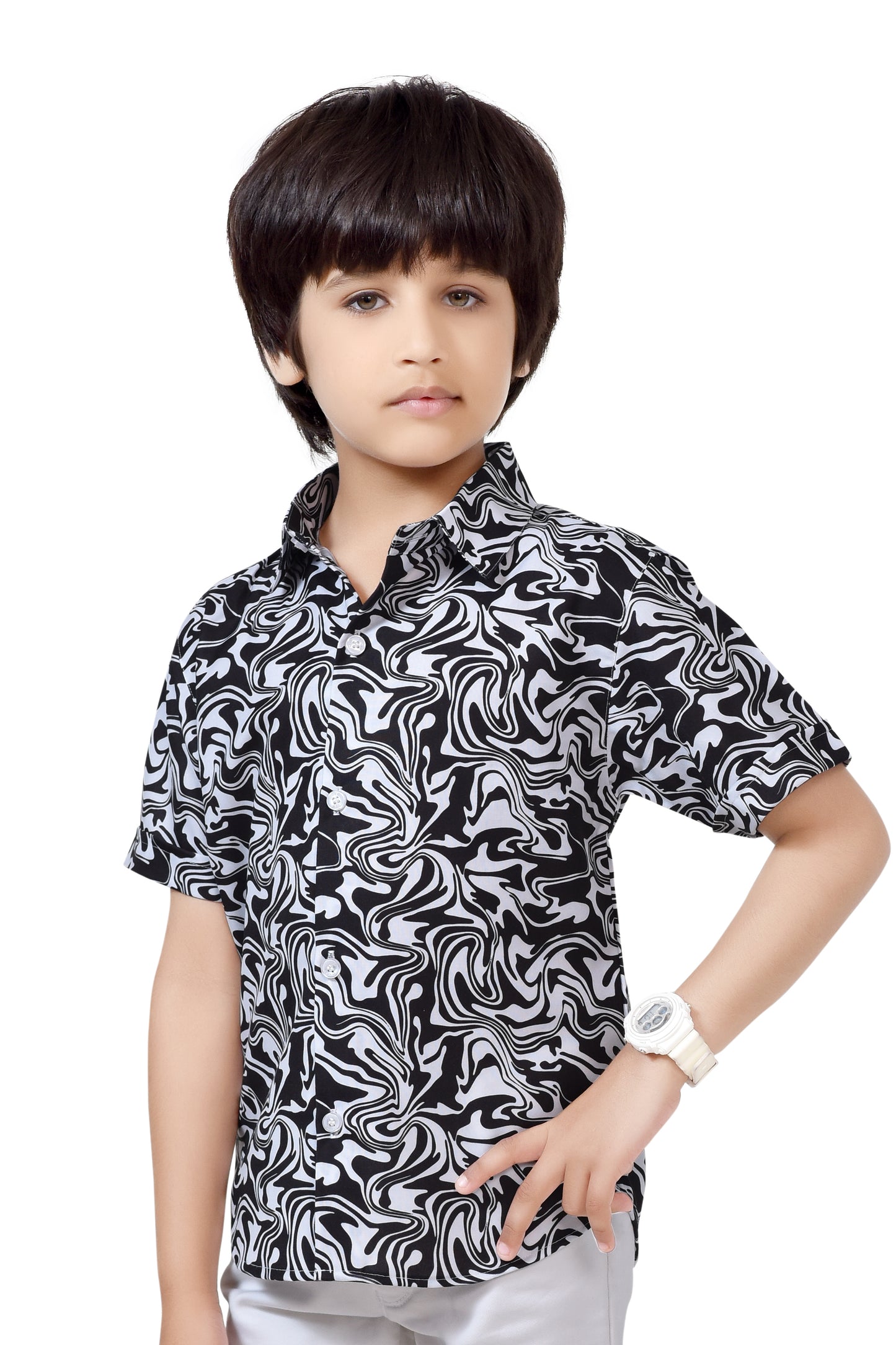 Black and White Printed Pure Cotton Half Sleeve Shirt For Boys – Front