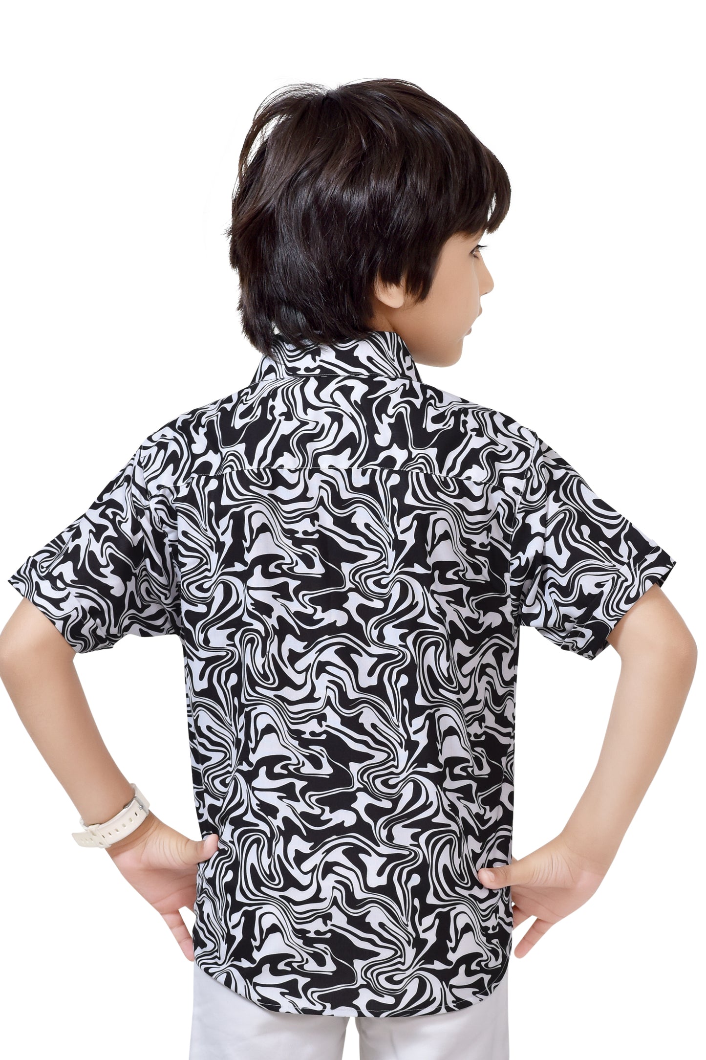 Black and White Printed Pure Cotton Half Sleeve Shirt For Boys – Back