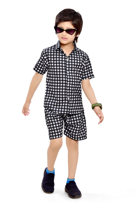 Black and White Small Checks Printed Cotton Co-Ord Set for Boys - Club96