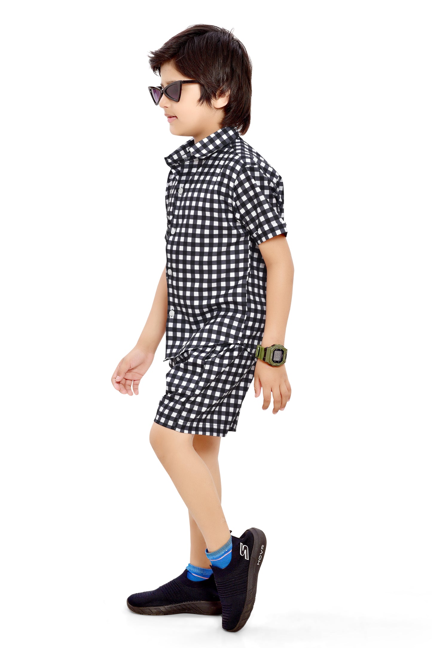 Black and White Small Checks Printed Cotton Co-Ord Set for Boys - Front