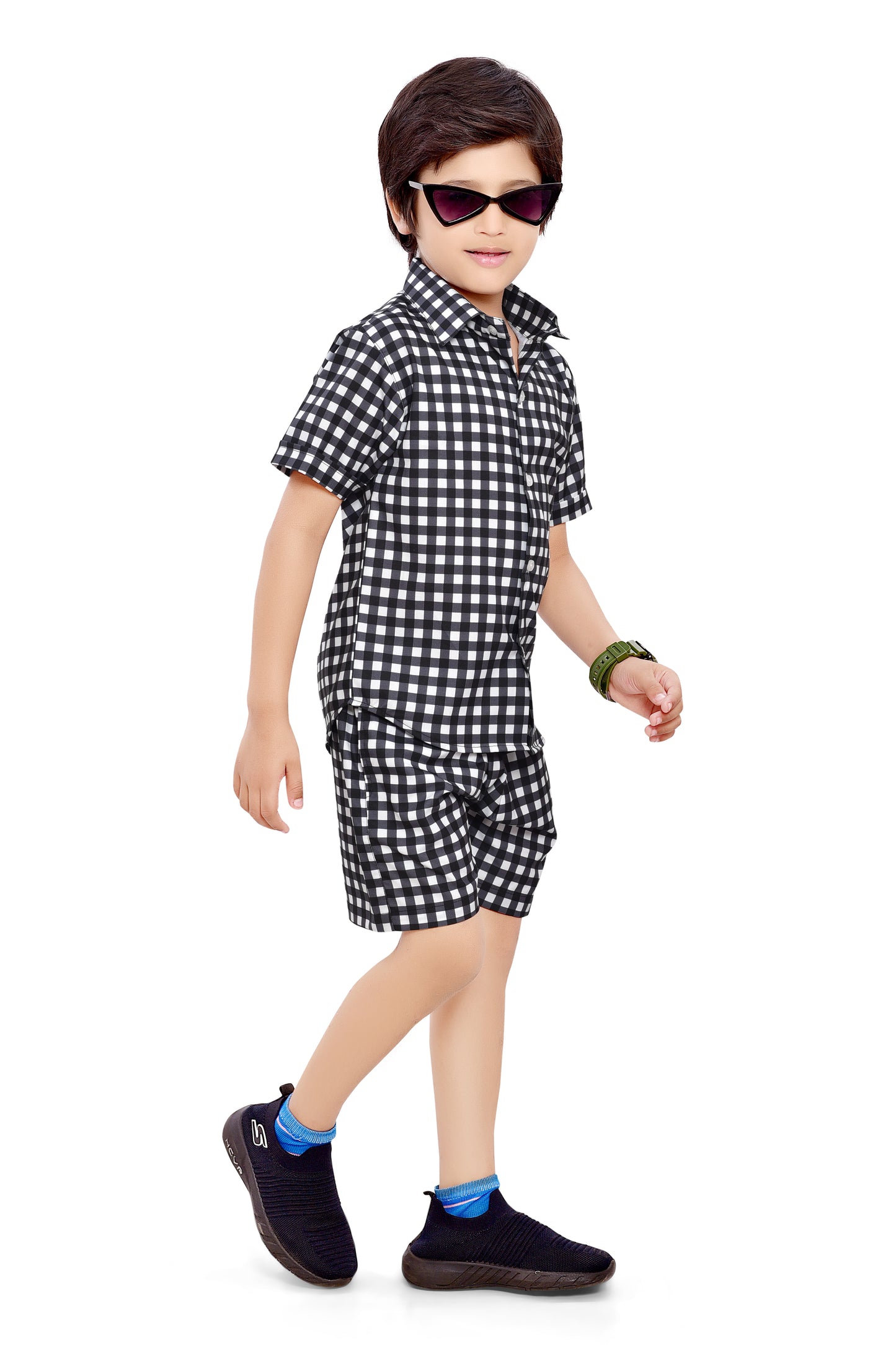 Black and White Small Checks Printed Cotton Co-Ord Set for Boys - Stylist