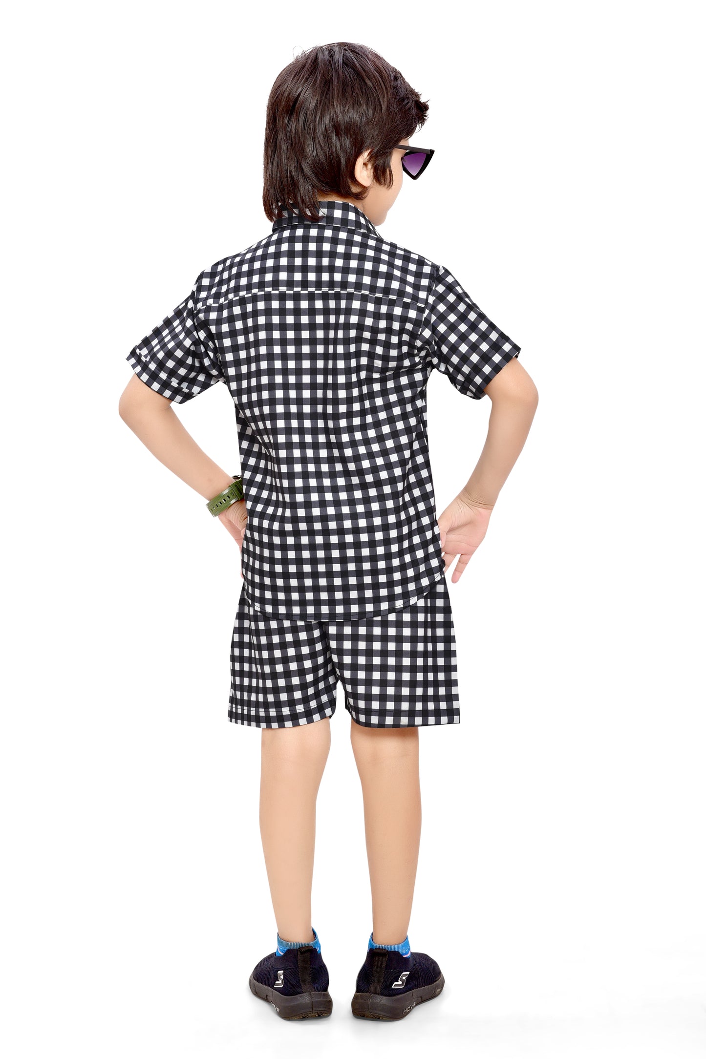 Black and White Small Checks Printed Cotton Co-Ord Set for Boys - Back