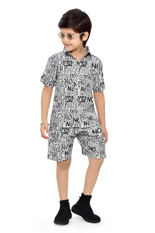 Black and White Text Printed Boys Cotton Co-Ord Sets - Club96