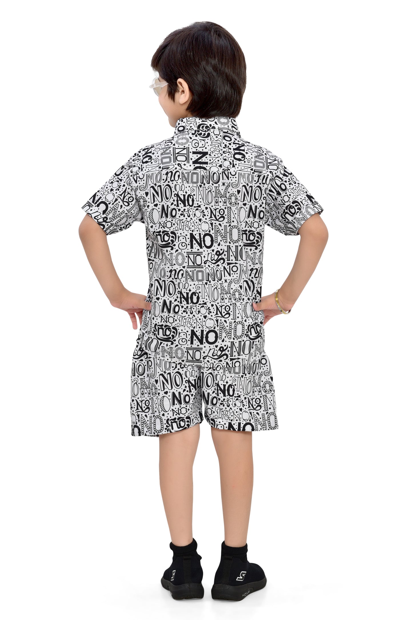 Black and White Text Printed Boys Cotton Co-Ord Sets - Back