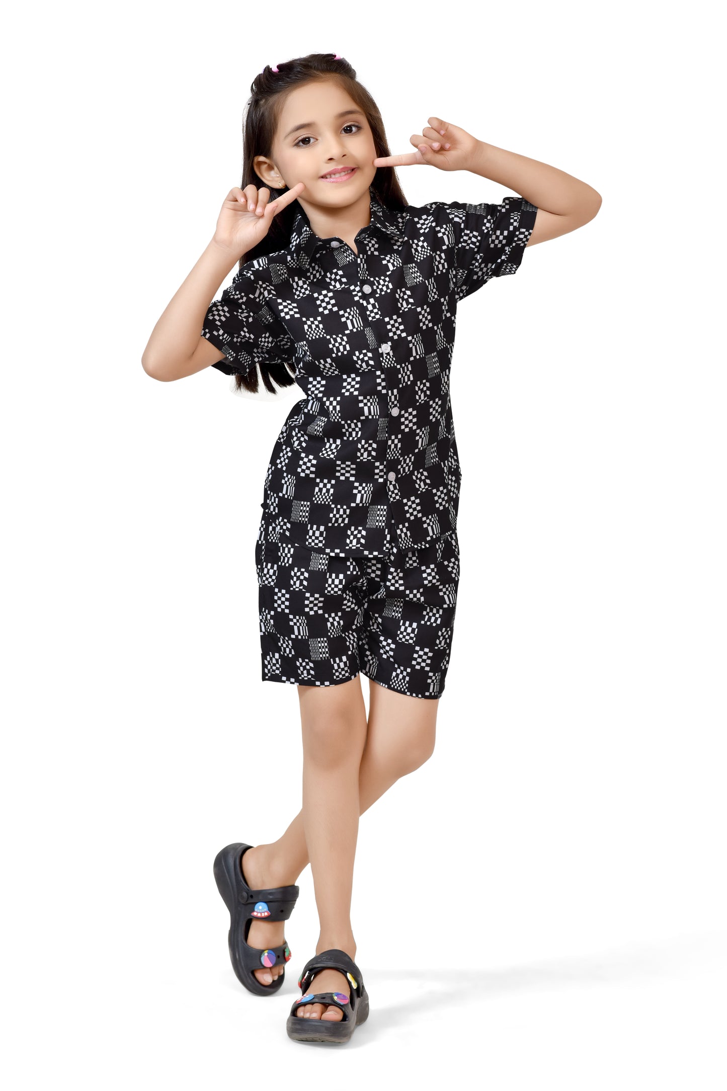 Buy Black and White Cotton Checks Printed Girls Co-Ord Set Online - Club96.in