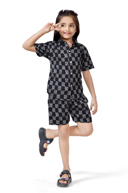Black and White Cotton Checks Printed Girls Co-Ord Set