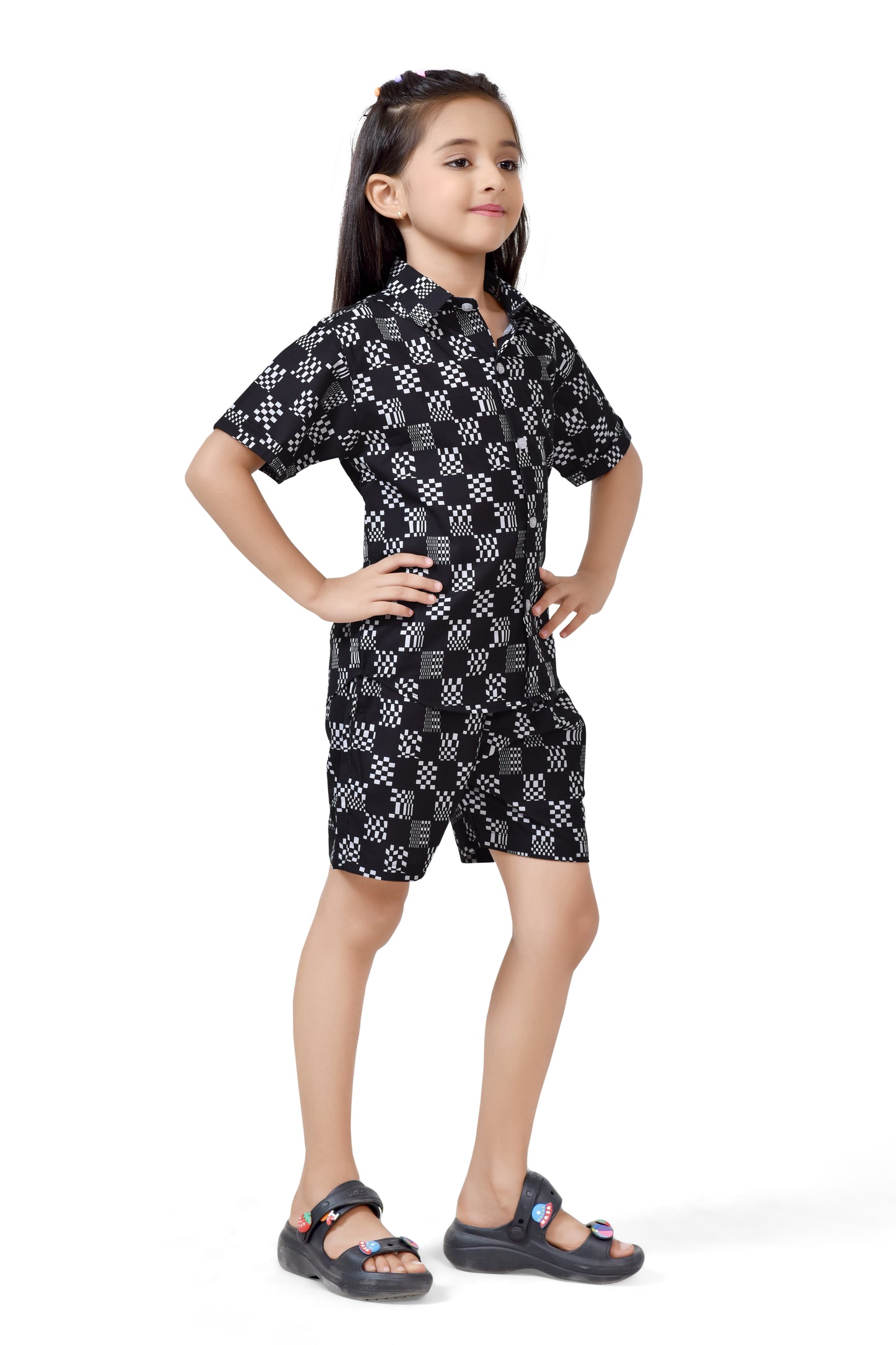 Cotton Checks Printed Black and White Girls Co-Ord Set - Side View