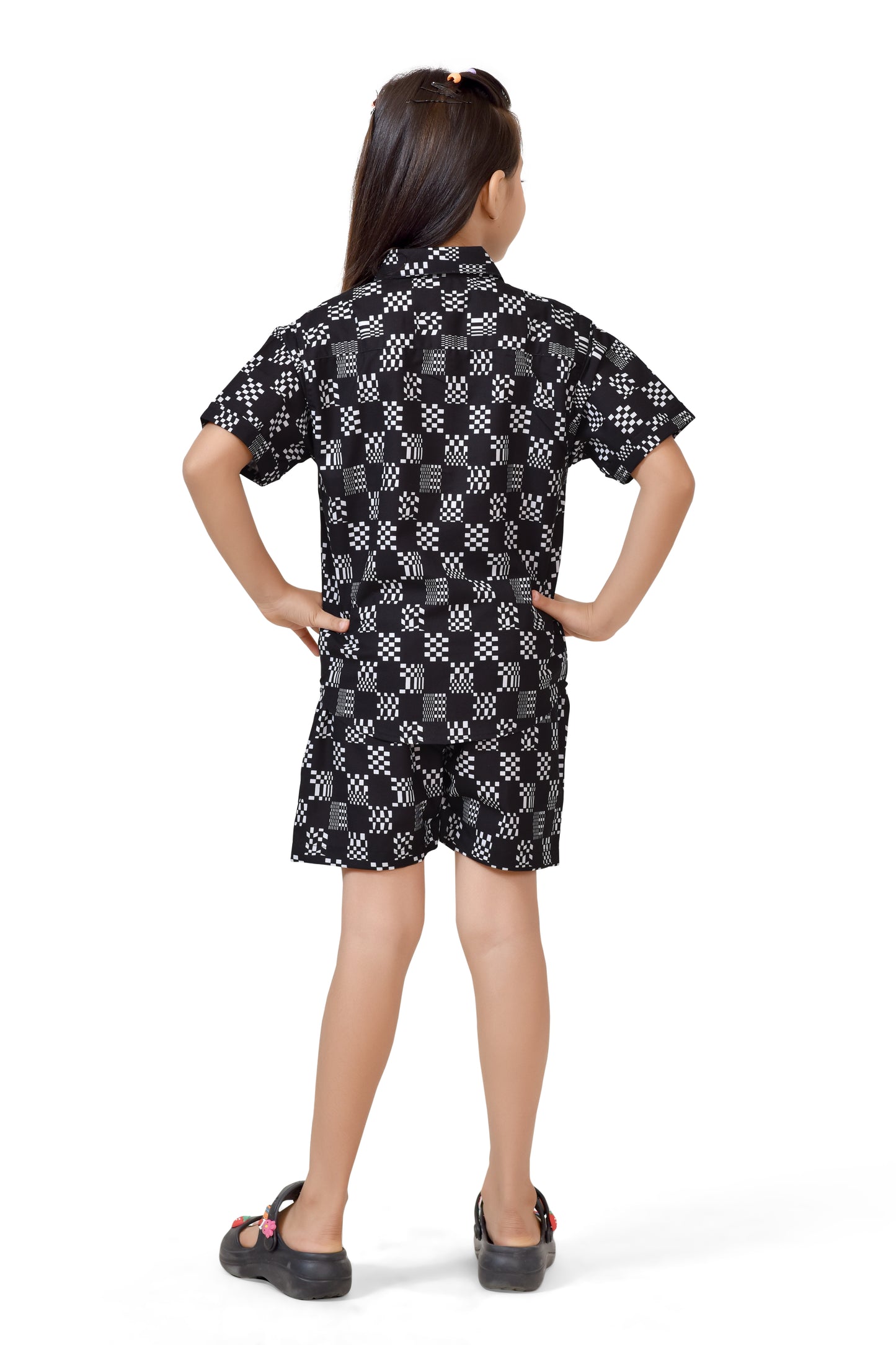 Cotton Checks Printed Black and White Girls Co-Ord Set - Back Side