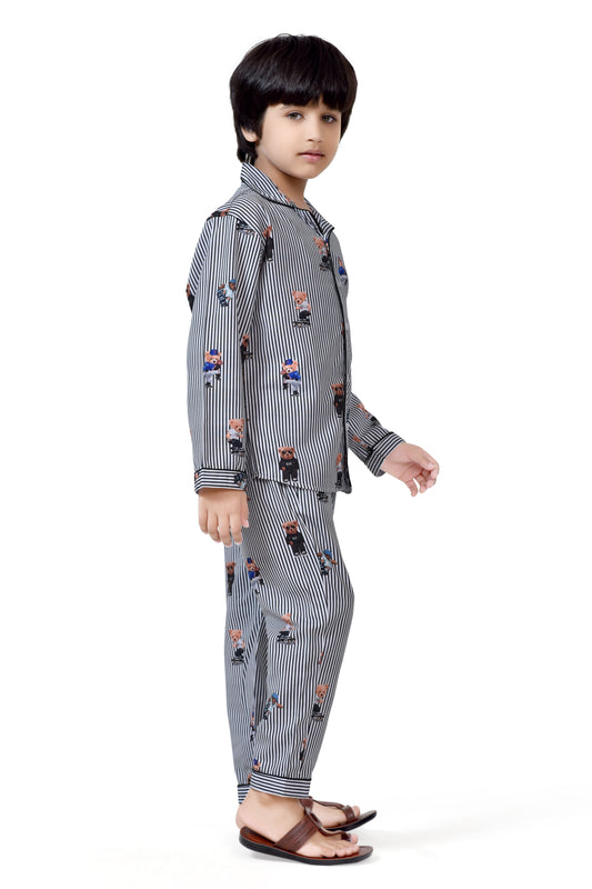 Black & White Teddy Bear Print Boys Cotton Night Suit - Full-Length View | CLUB96