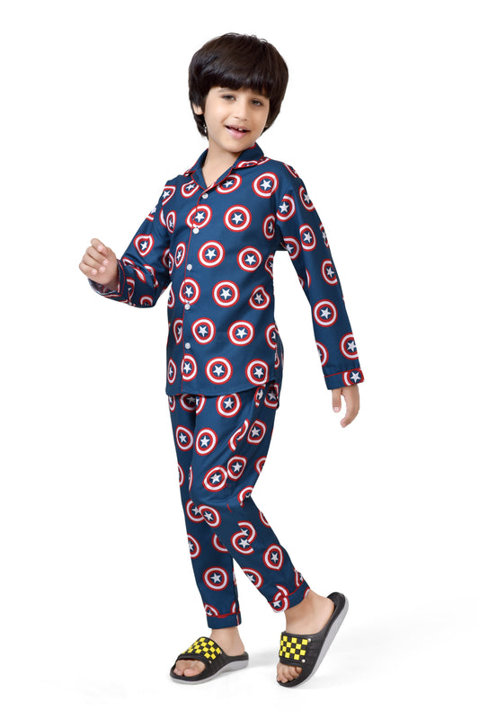 Navy Blue Star Shield Print Boys Cotton Night Suit - Full-Length View | CLUB96