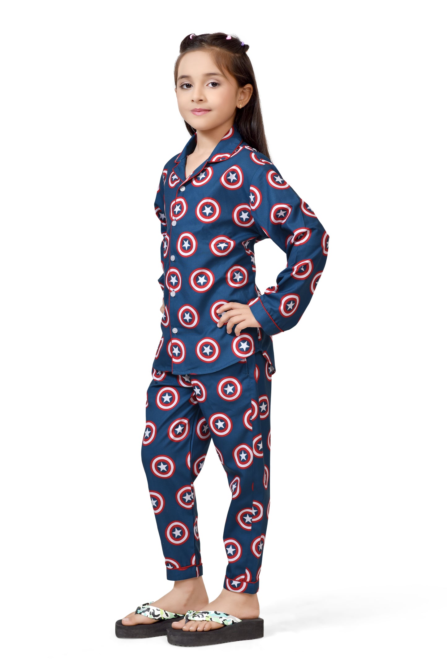 Blue Captain America Shield Printed Girls Night Suit - Side View
