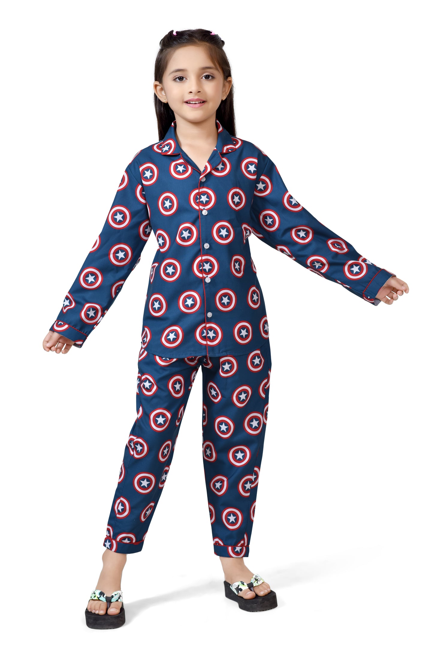Blue Captain America Shield Printed Girls Night Suit - Long Sleeves