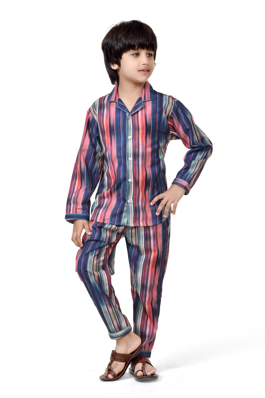 Blue Color Block Striped Printed Boys Cotton Night Dress - Club96
