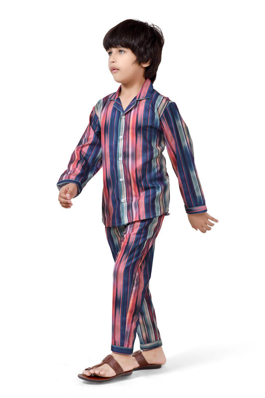 Blue Multicolour Stripe Boys Cotton Night Suit - Full-Length View | CLUB96