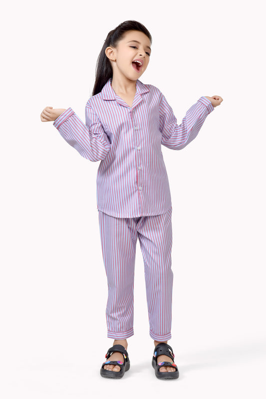 Blue & Pink Stripe Printed Night Suit Set - Club96.in