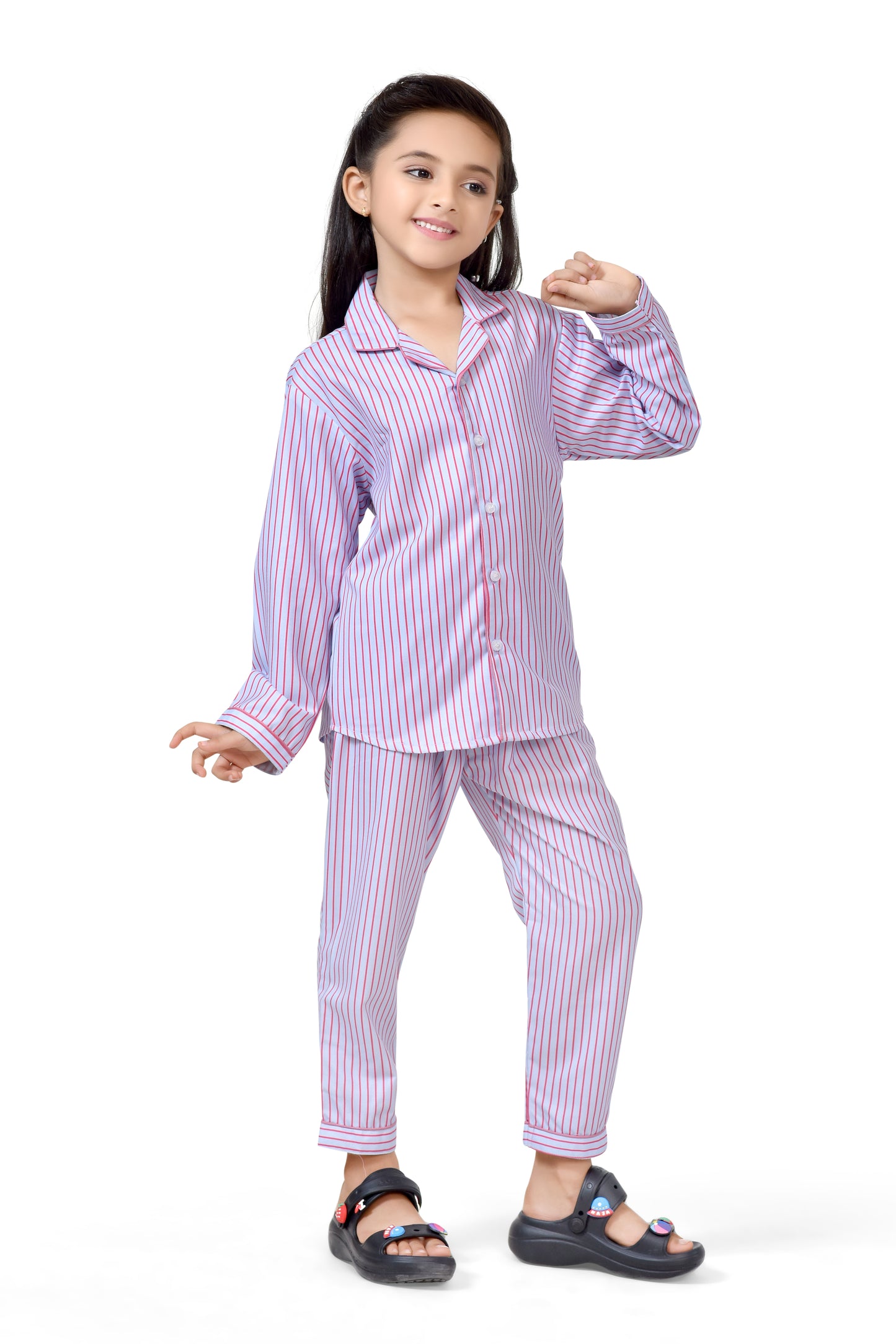 Blue & Pink Stripe Printed Night Suit Set - Front