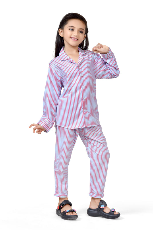 Blue & Pink Striped Girls Cotton Night Suit - Front View 2 | CLUB96