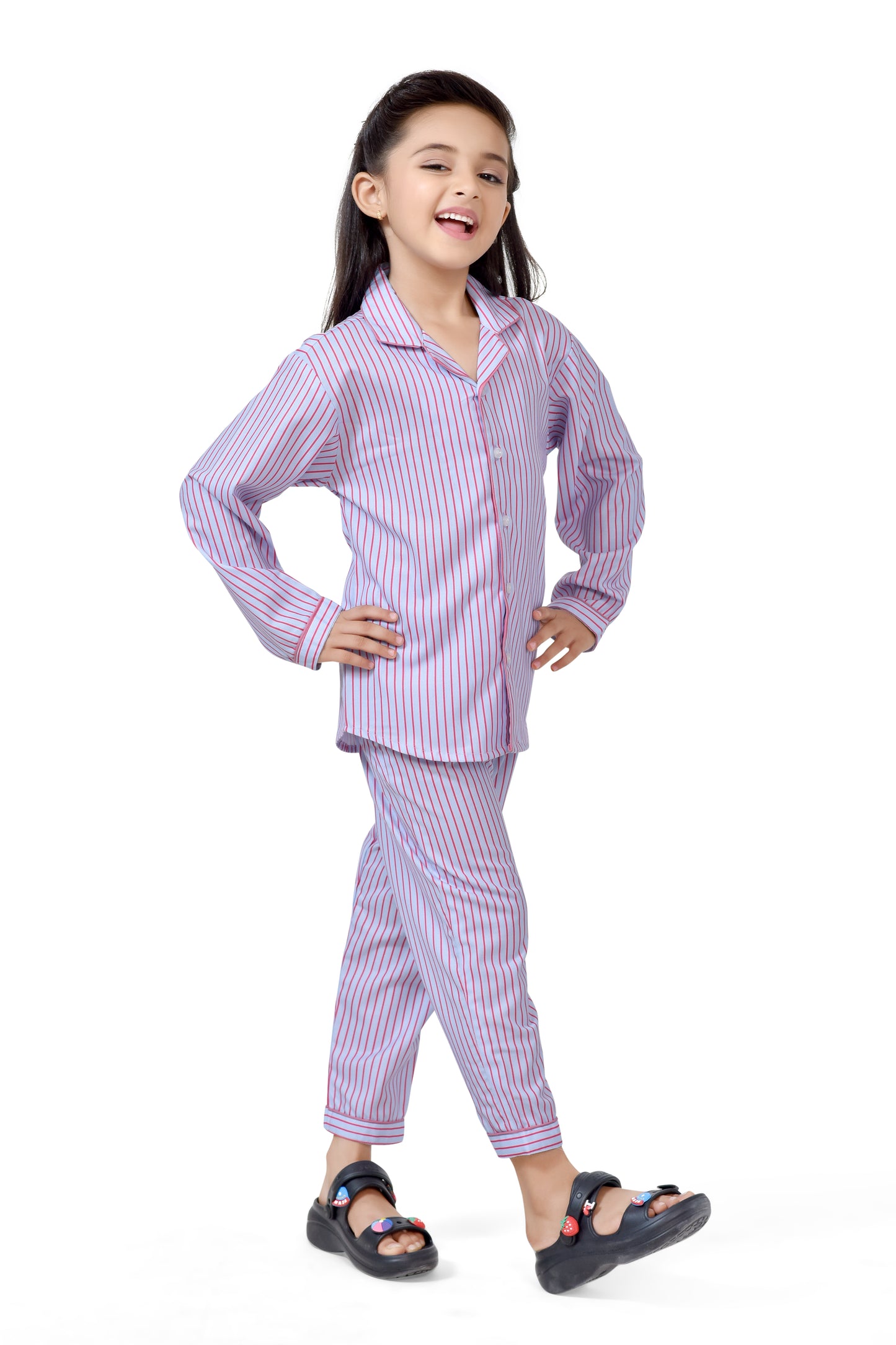 Blue & Pink Stripe Printed Night Suit Set - Full Sleeve