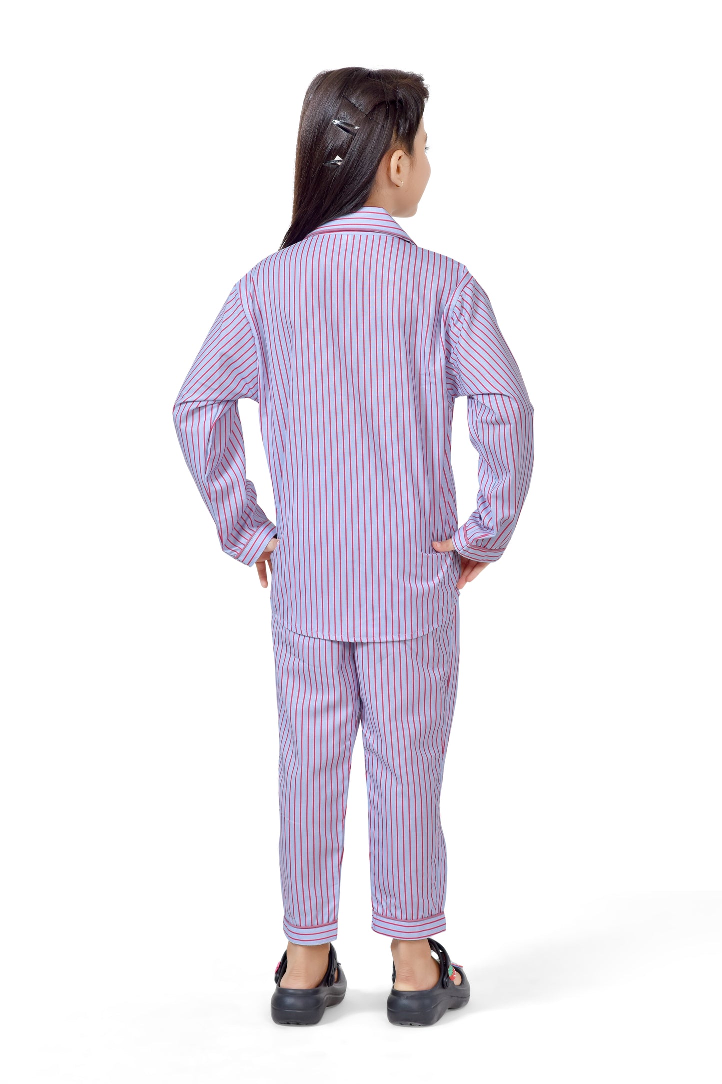 Blue & Pink Stripe Printed Night Suit Set - Back