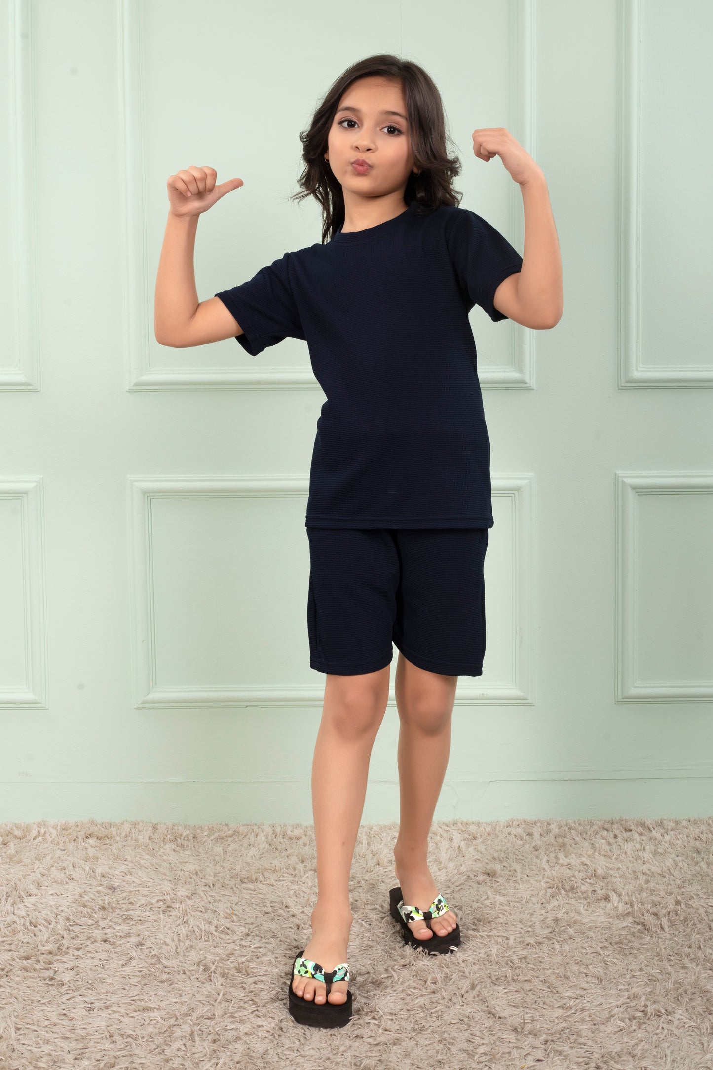 Blue_Pure_Cotton_waffle_Girls_shorts_and_top_set - FrontView