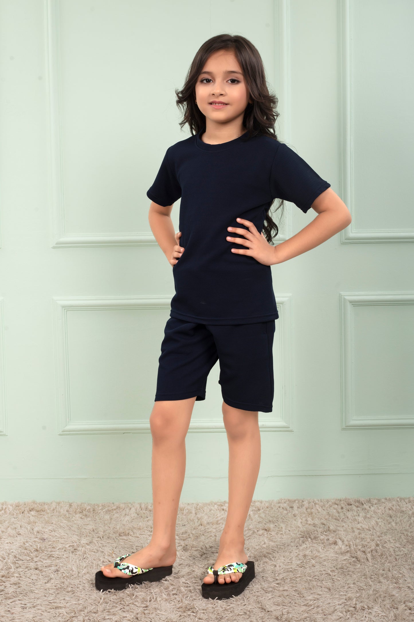 Blue_Pure_Cotton_waffle_Girls_shorts_and_top_set - SideView