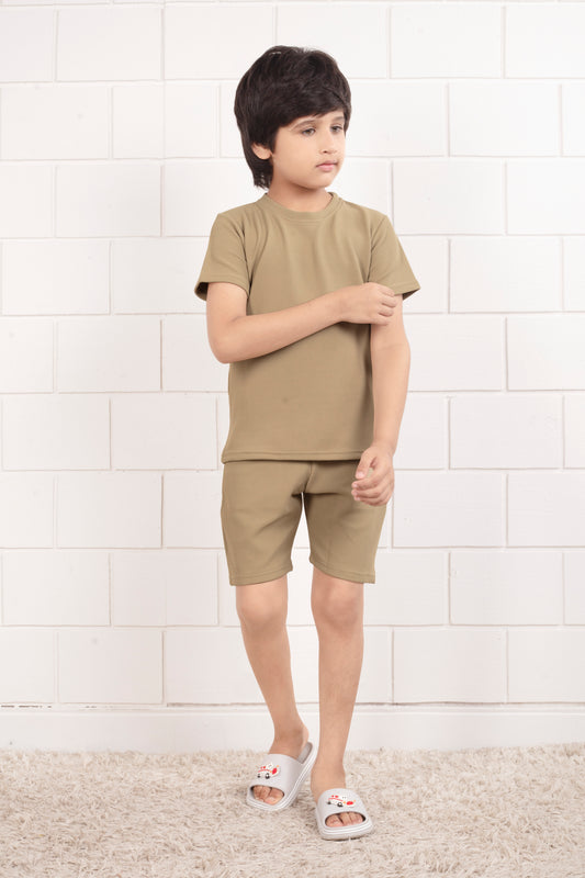 Boy_Beige_Pure_Waffle_Cotton_shorts_and_t_shirt_set - FrontView