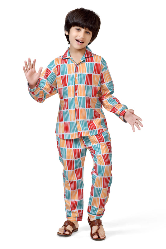 Boys Red and Yellow Color Stripes Long Cotton Pajama Suit - Club96