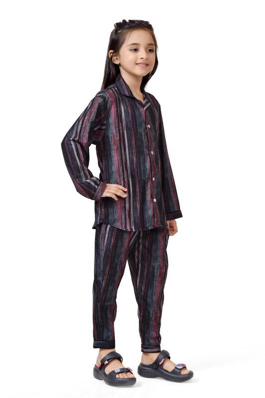 Dark Brown Abstract Striped Girls Cotton Night Suit - Full-Length View | CLUB96