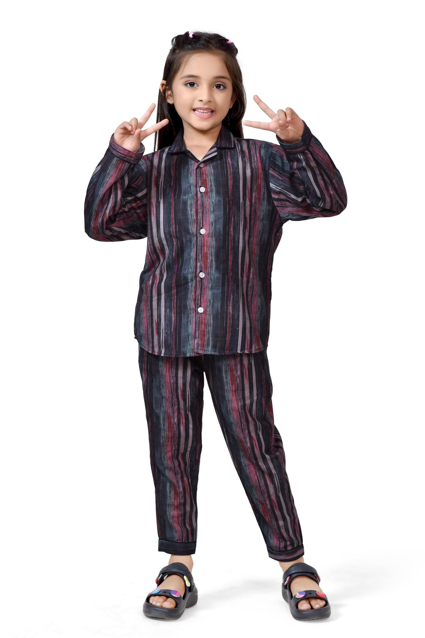 Brown Abstract Striped Printed Girls Long Sleeves Pajama Set