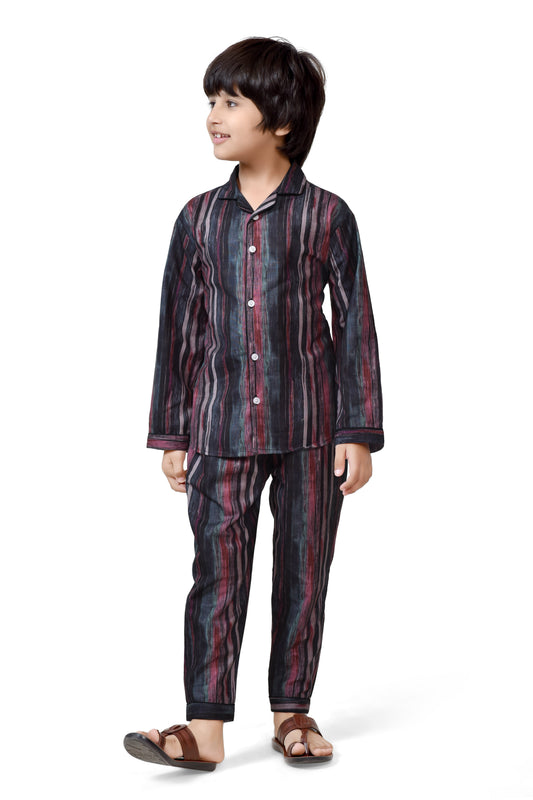 Brown Striped Boys Cotton Night Suit - Full Sleeve Detail 2 | CLUB96