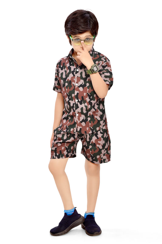 Brown Camouflage Printed Boys Cotton Shorts Co-Ord Set - Club96