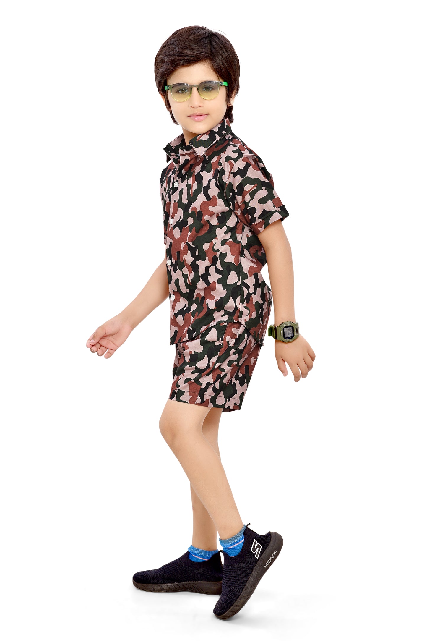 Brown Camouflage Printed Boys Cotton Shorts Co-Ord Set - Front