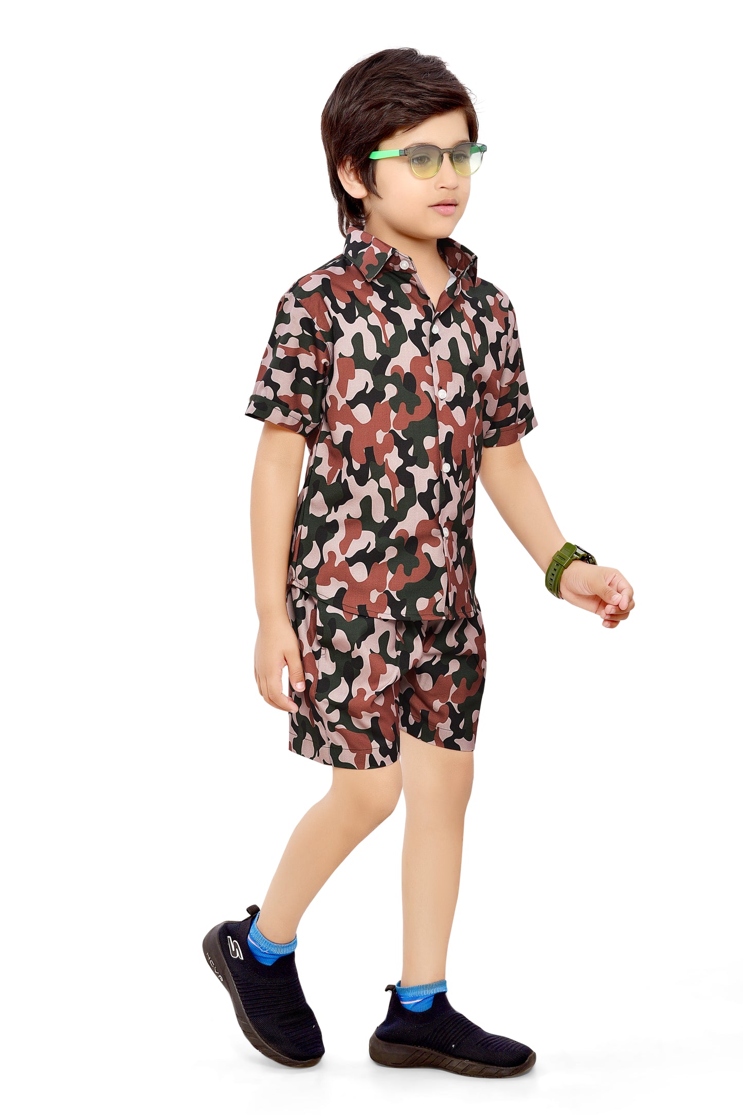 Brown Camouflage Printed Boys Cotton Shorts Co-Ord Set - Stylist