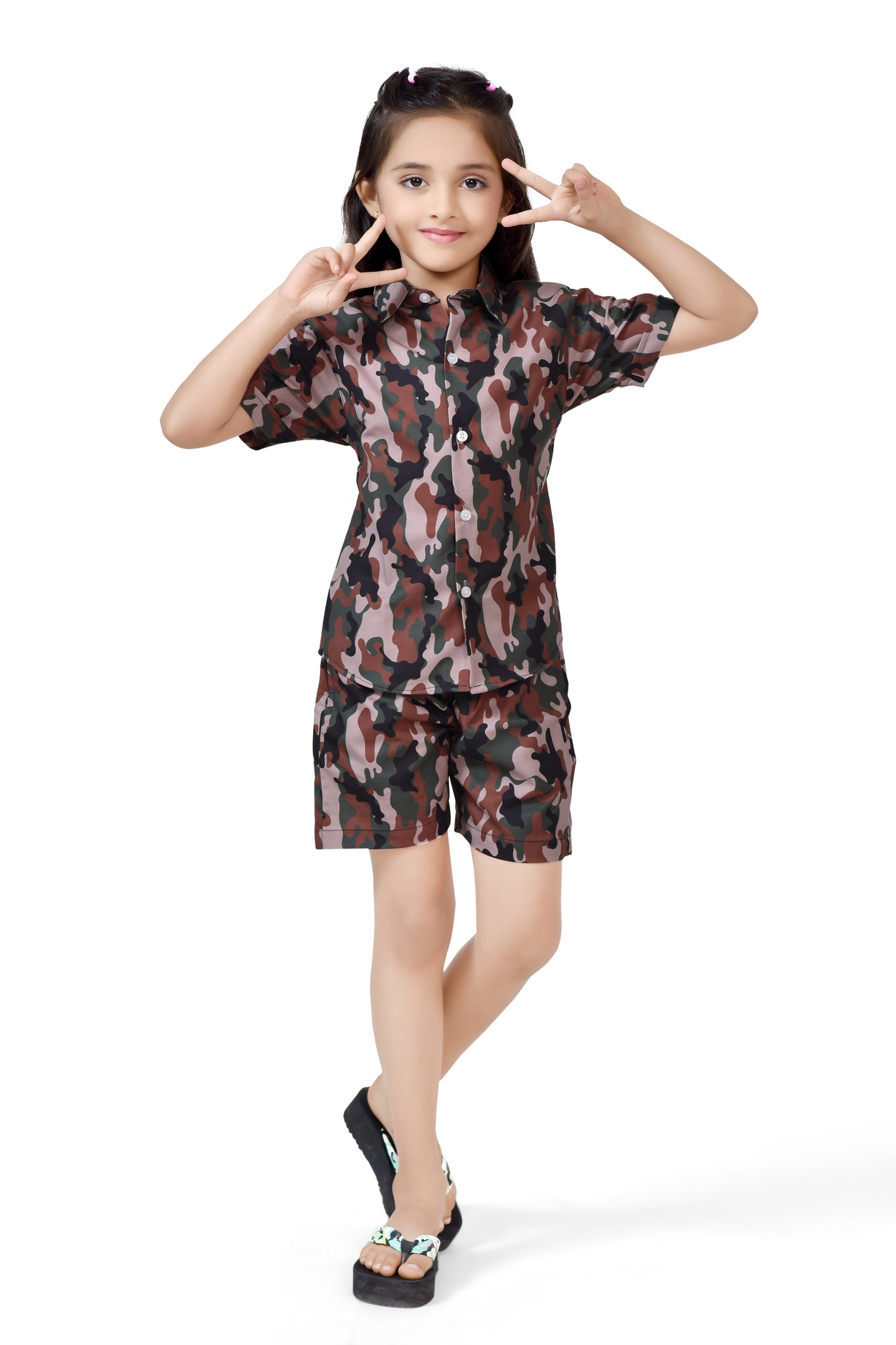 Brown Camouflage Printed Girls Cotton Co-Ord Set - Club96