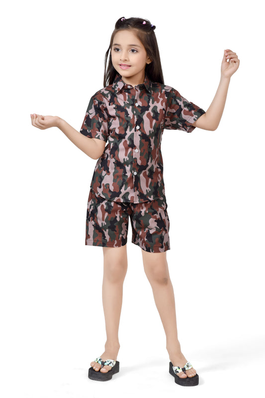 Brown Camouflage Printed Girls Cotton Co-Ord Set - Front