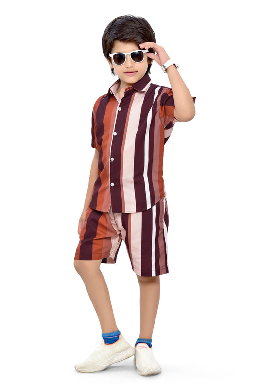 Brown Vertical Striped Printed Boys Cotton Co-Ord Set - Club96