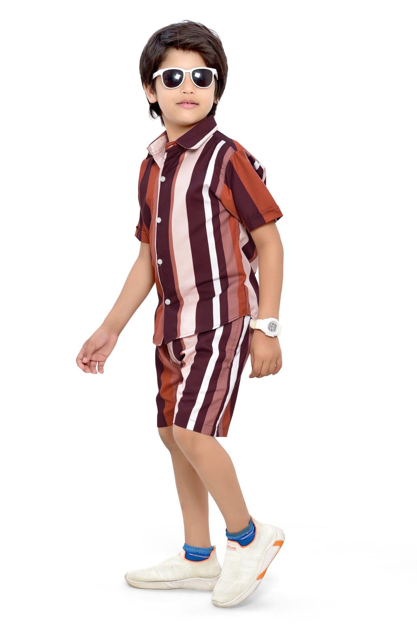 Brown Vertical Striped Printed Boys Cotton Co-Ord Set - Front
