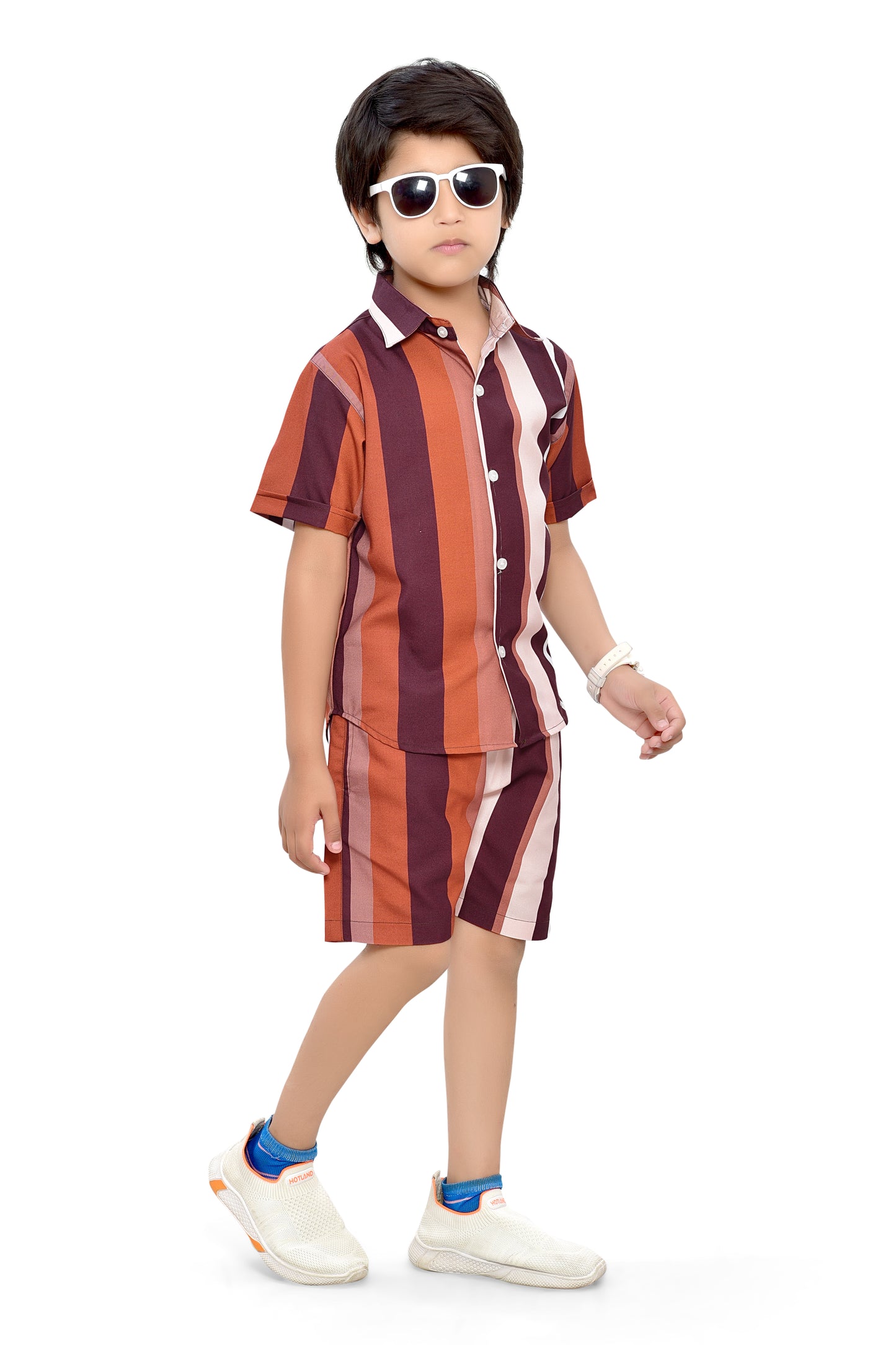 Brown Vertical Striped Printed Boys Cotton Co-Ord Set - Stylist