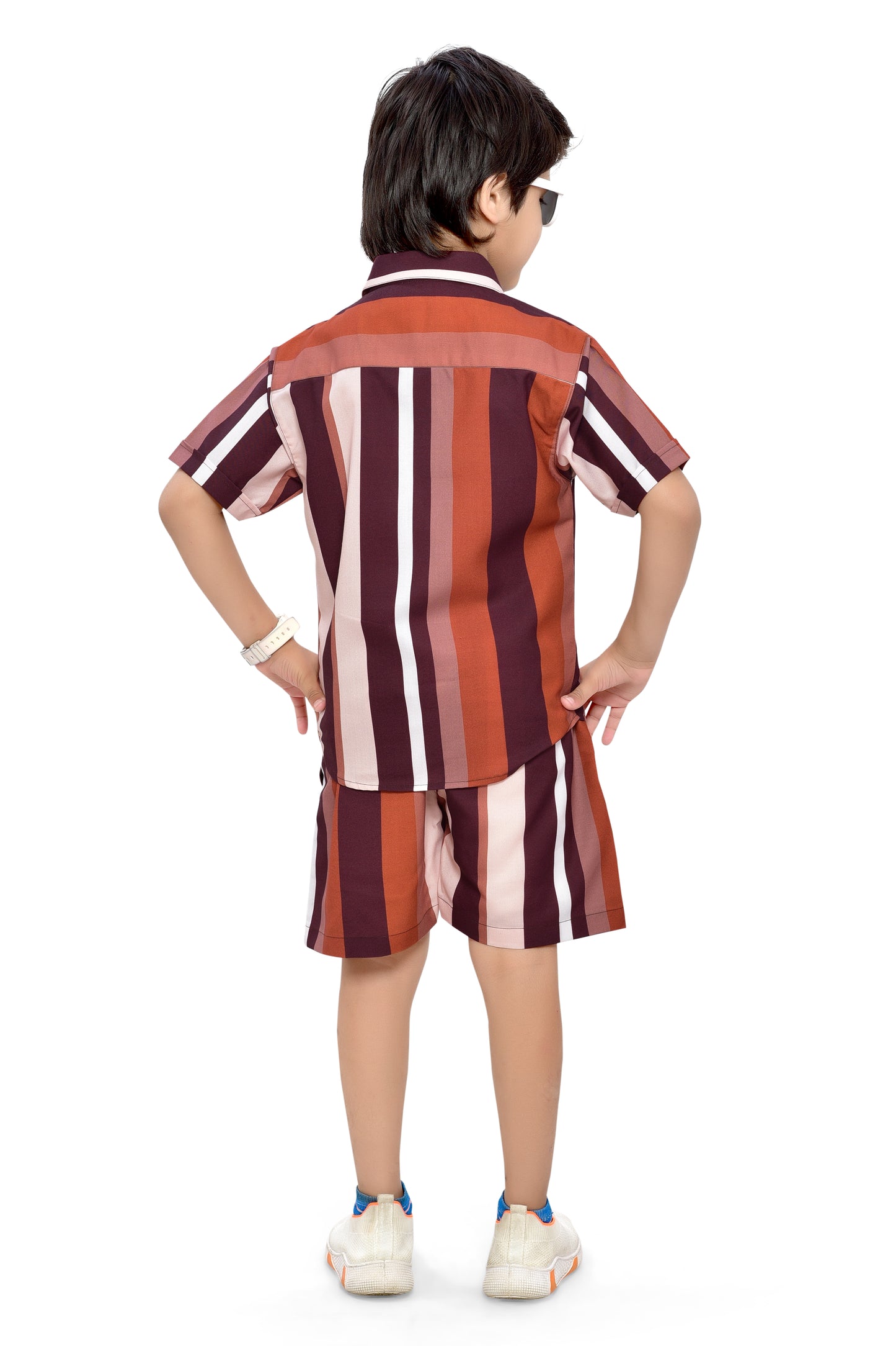 Brown Vertical Striped Printed Boys Cotton Co-Ord Set - Back