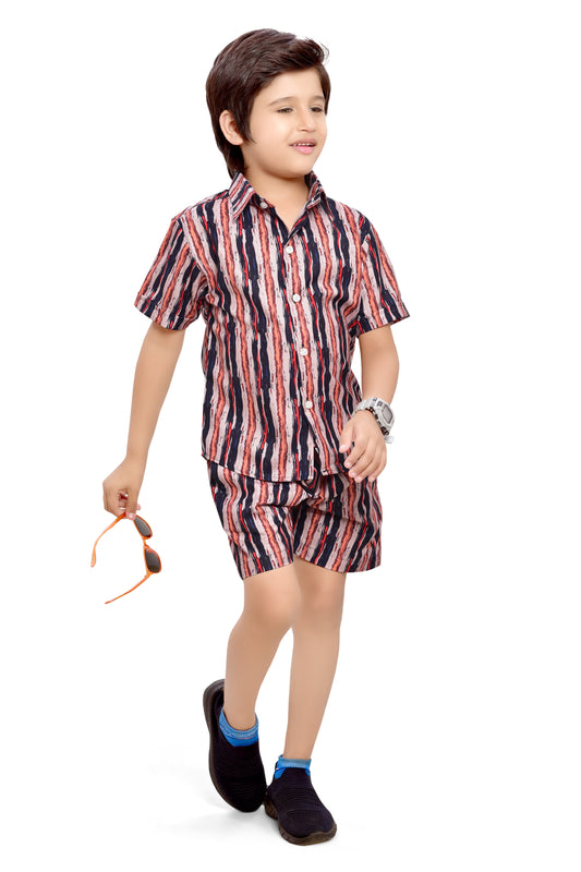 Brown Vertical Striped Printed Boys Cotton Co-Ord Set - Club96