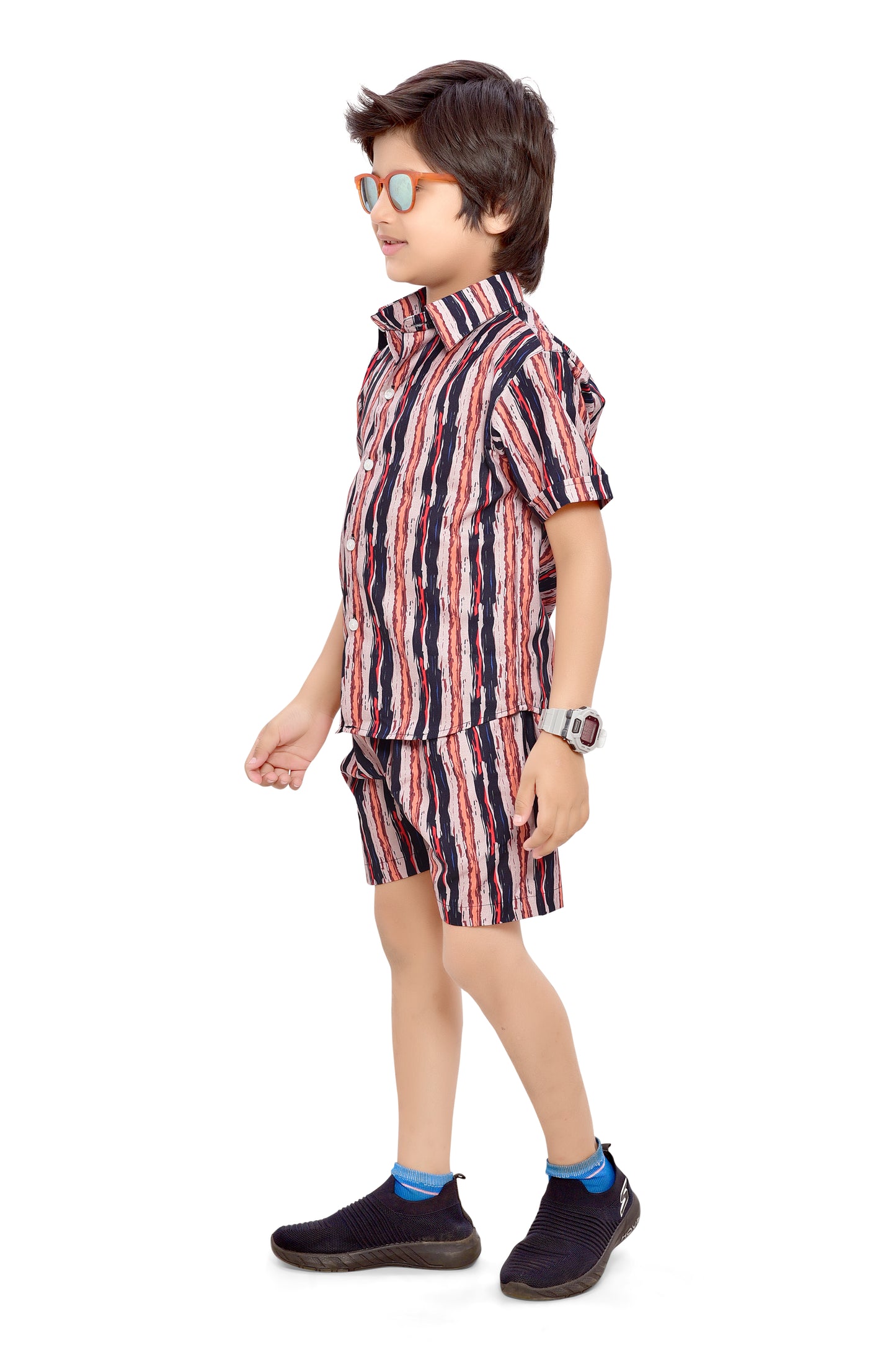 Brown Vertical Striped Printed Boys Cotton Co-Ord Set - Front