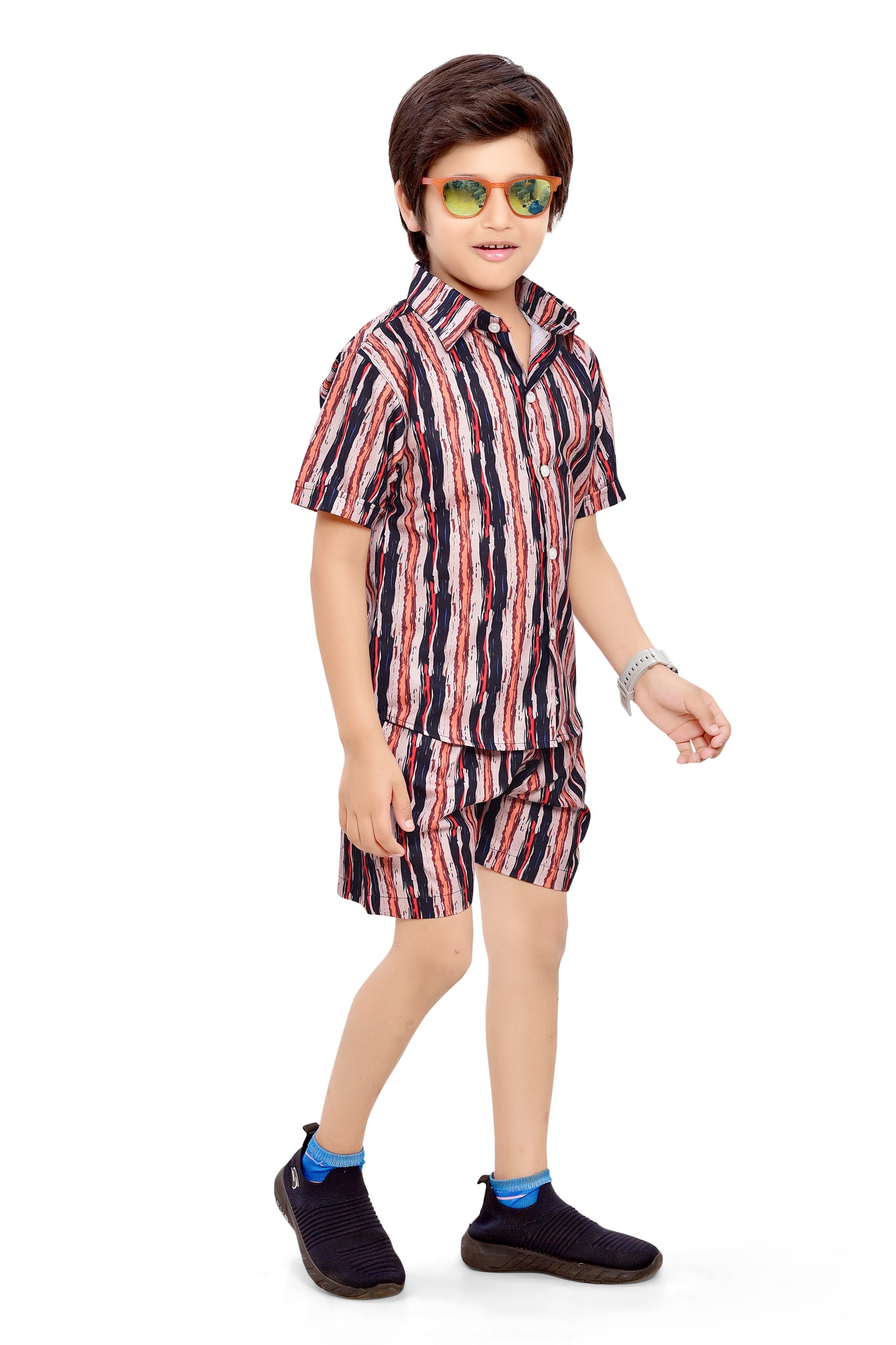 Brown Vertical Striped Printed Boys Cotton Co-Ord Set - Stylist