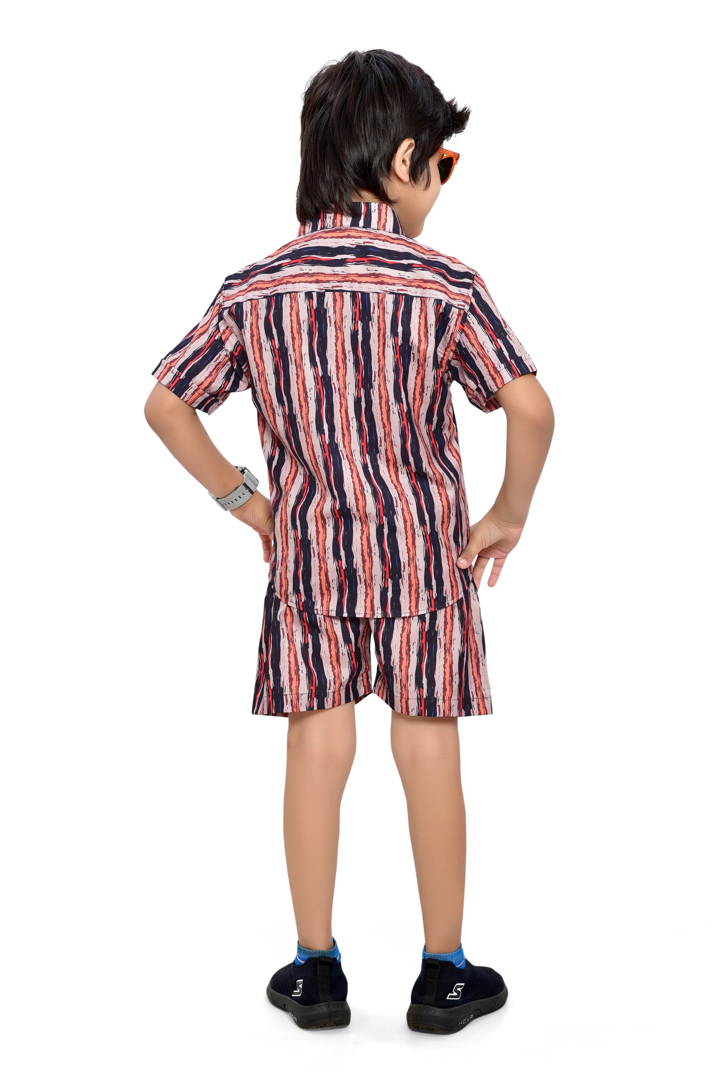 Brown Vertical Striped Printed Boys Cotton Co-Ord Set - Back