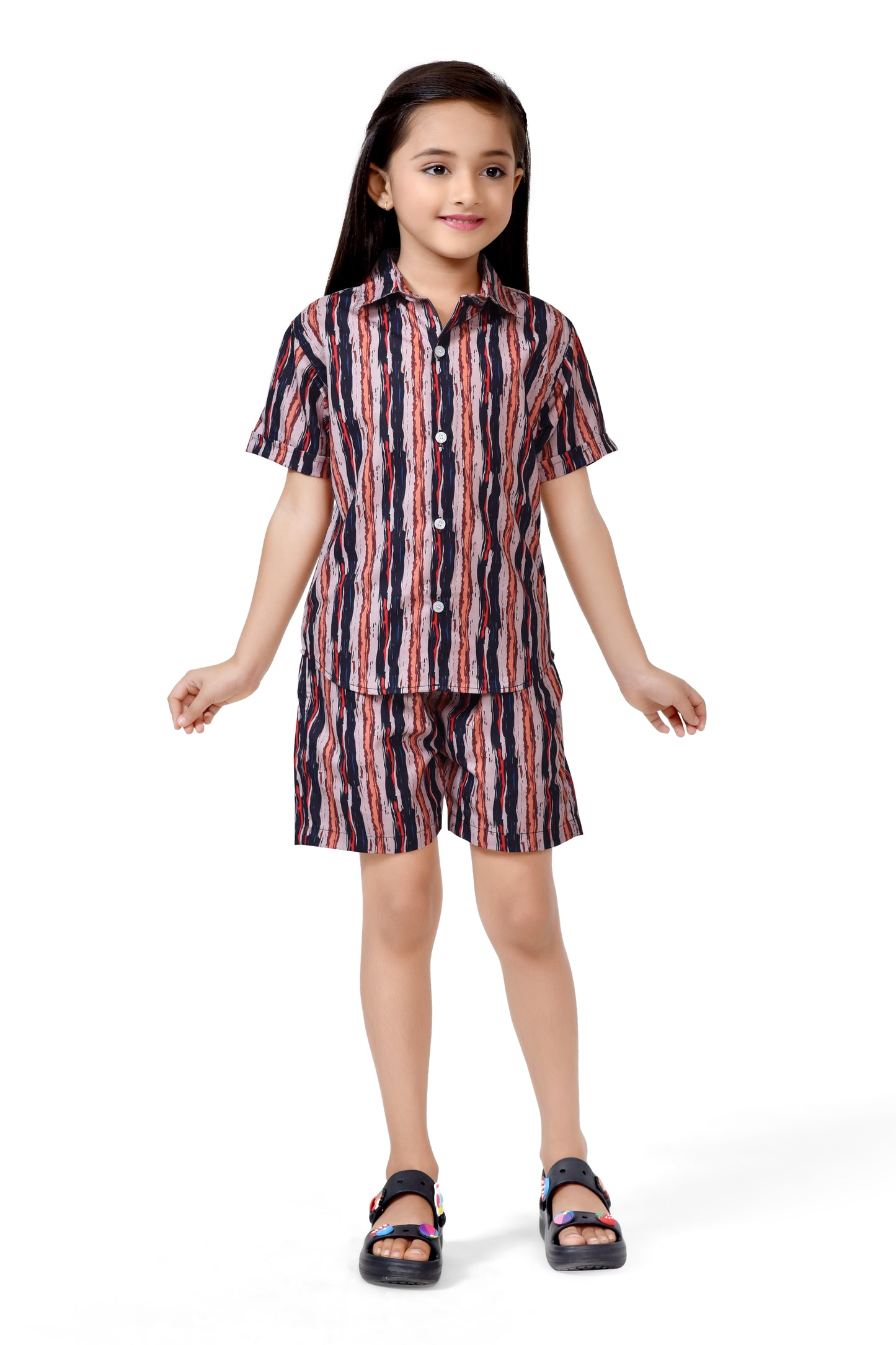 Brown Vertical Striped Printed Girls Cotton Co-Ord Set - Club96