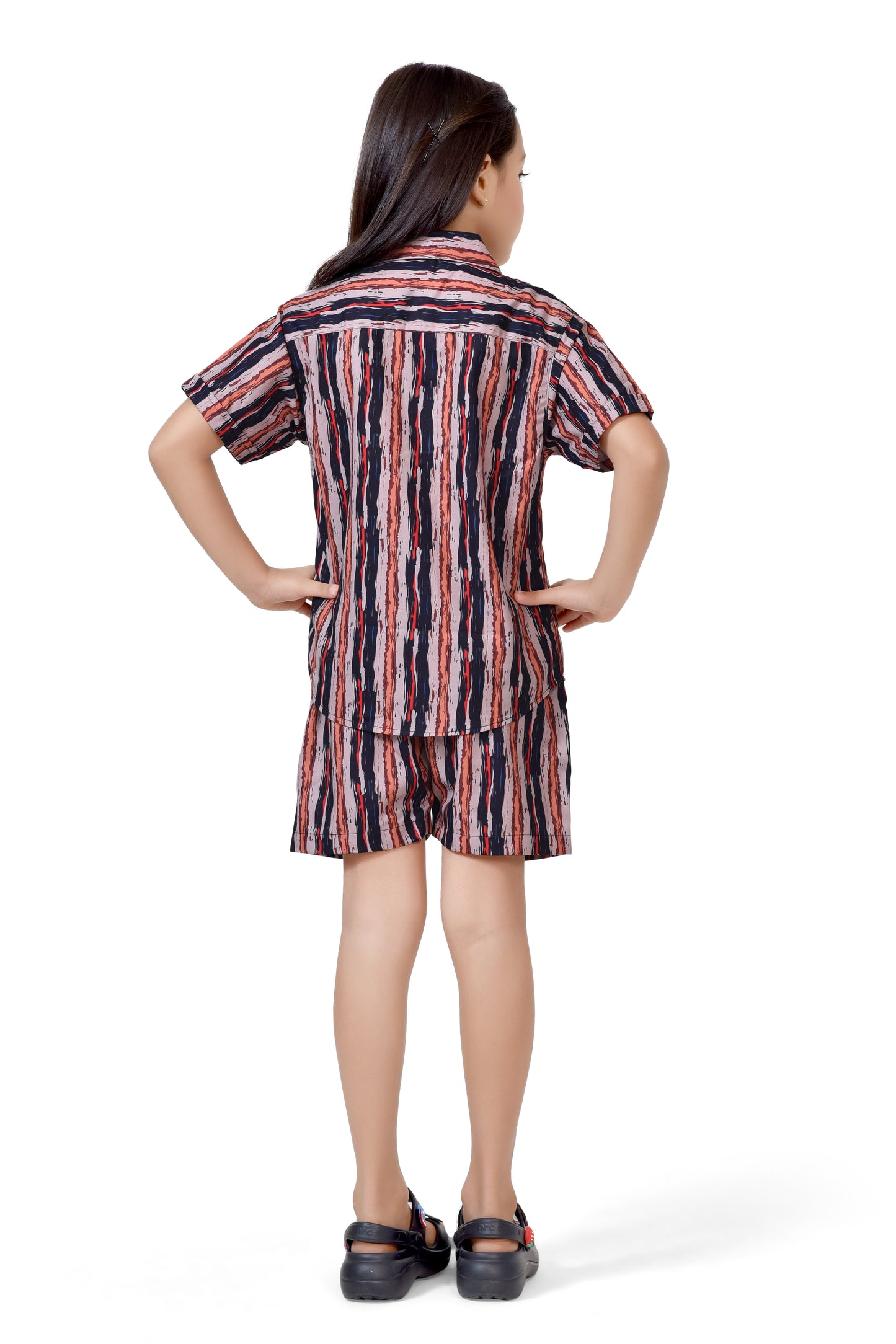 Brown Vertical Striped Printed Girls Cotton Co-Ord Set - Back